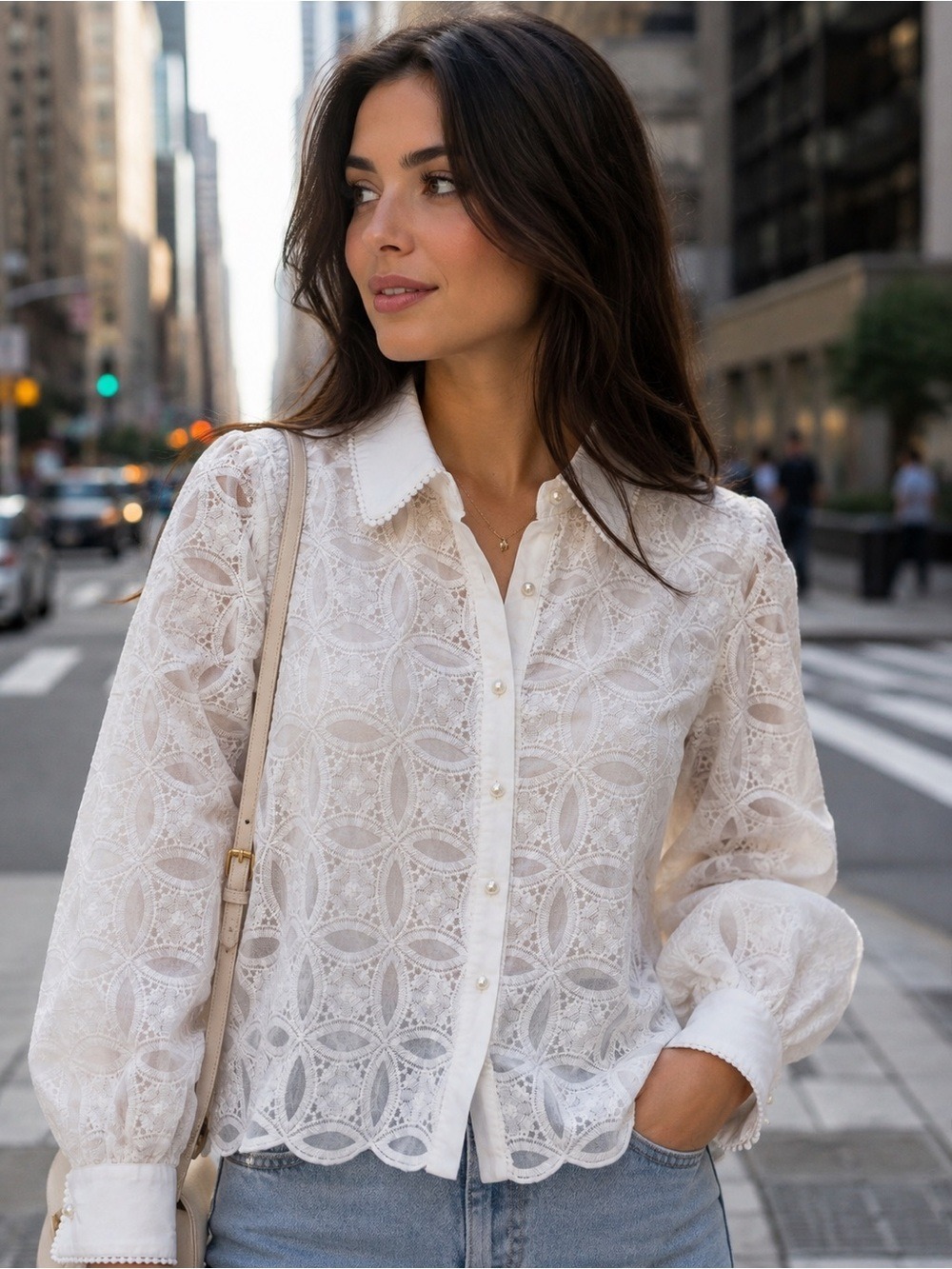 Fox Cream Lace Button-Down Blouse